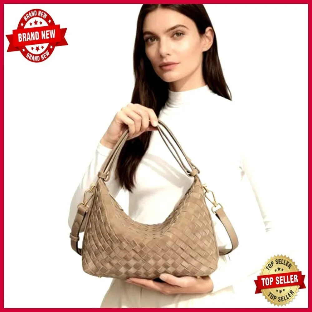 Medium Woven Suede Hobo Satchel, Adjustable Crossbody Shoulder Bag